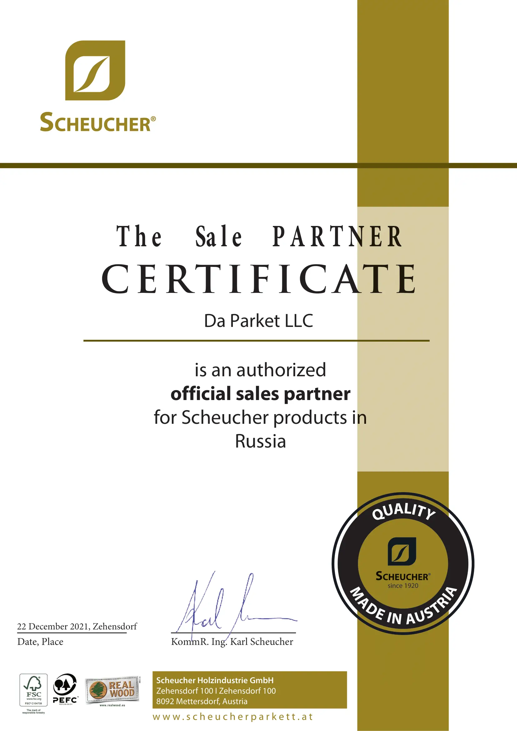 The sale partner certificate 